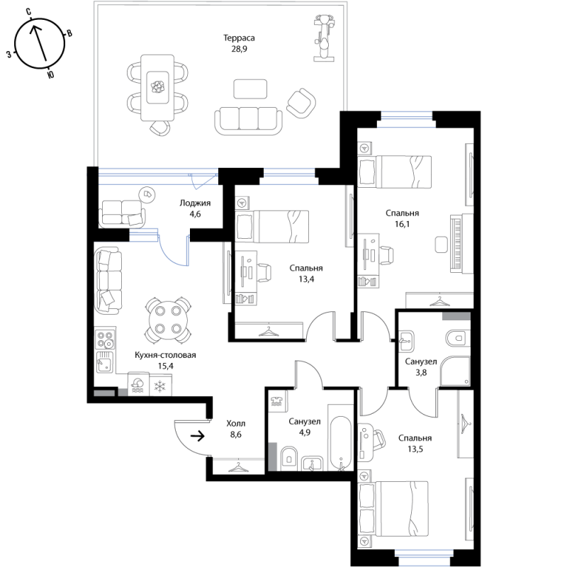4 ккв (Евро) 86,7 м²