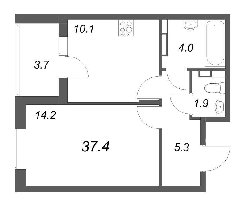 1 ккв 37,4 м²
