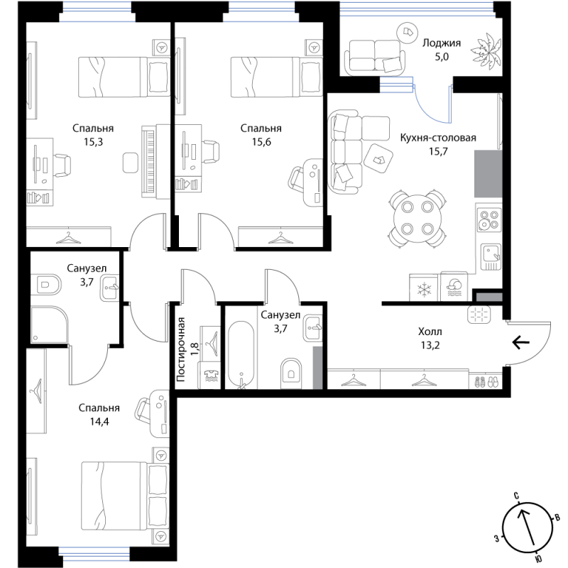 4 ккв (Евро) 85,9 м²