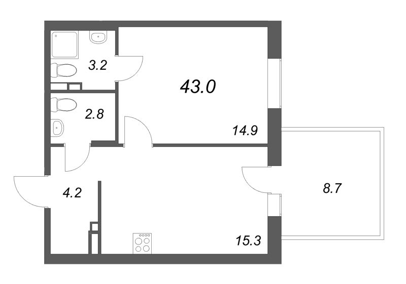 2 ккв (Евро) 43 м²