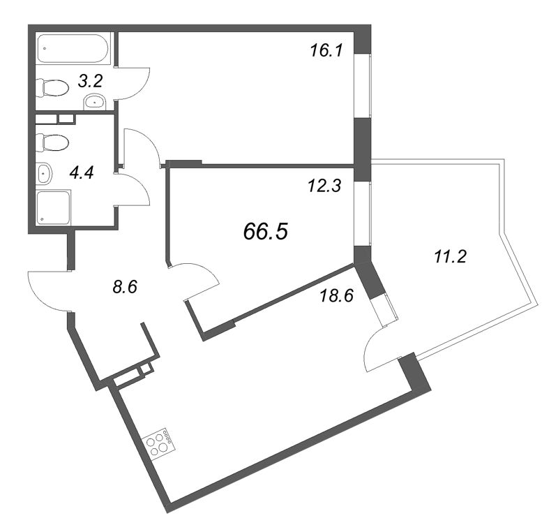 3 ккв (Евро) 66,5 м²