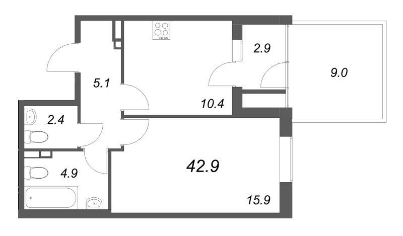 1 ккв 42,9 м²