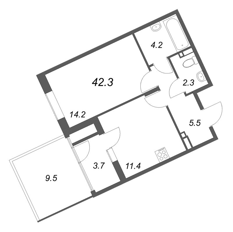 1 ккв 42,3 м²