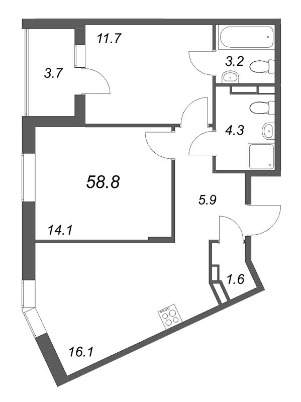 3 ккв (Евро) 58,8 м²