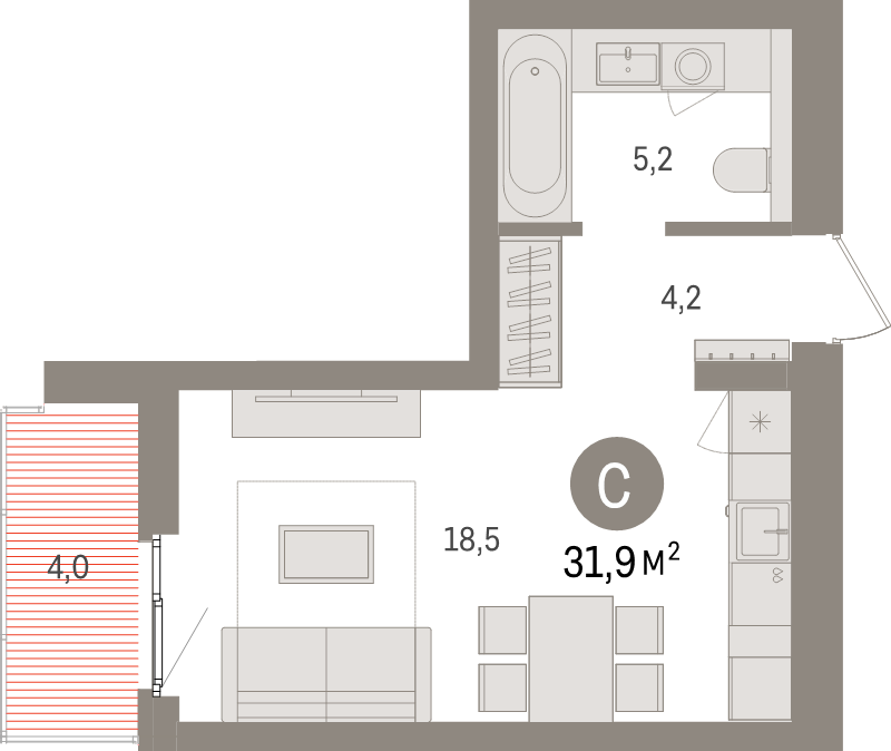 Студия 31,9 м²