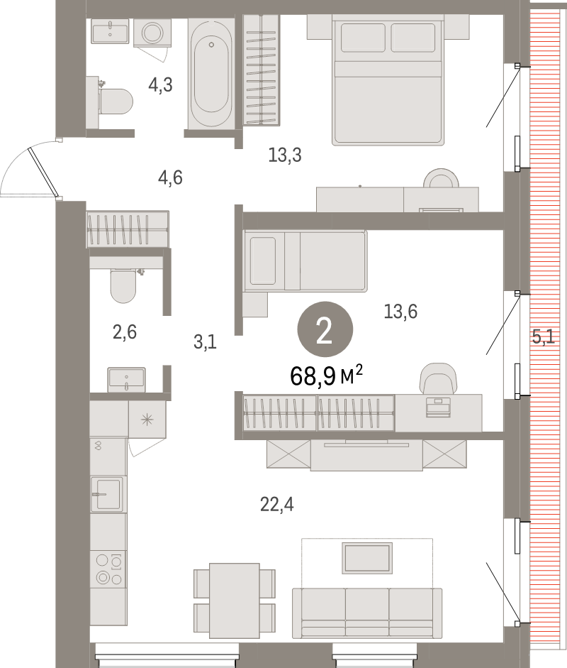 3 ккв (Евро) 68,9 м²