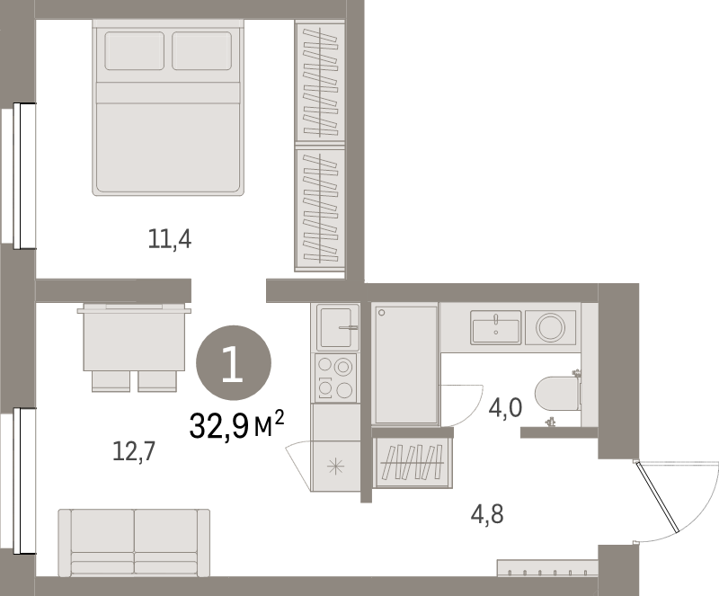 1 ккв 32,9 м²