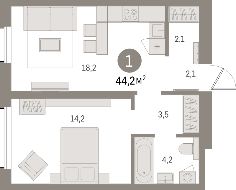 2 ккв (Евро) 44,2 м²