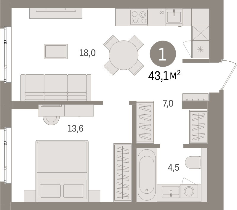 2 ккв (Евро) 43,1 м²