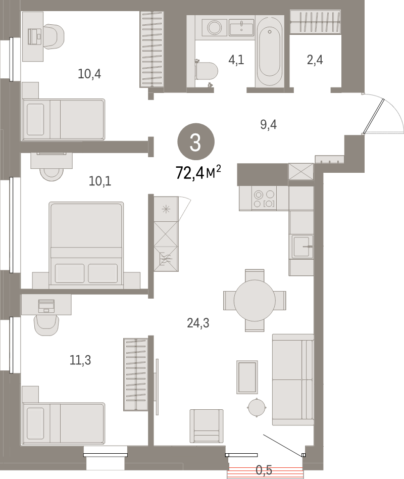 3 ккв (Евро) 72,4 м²