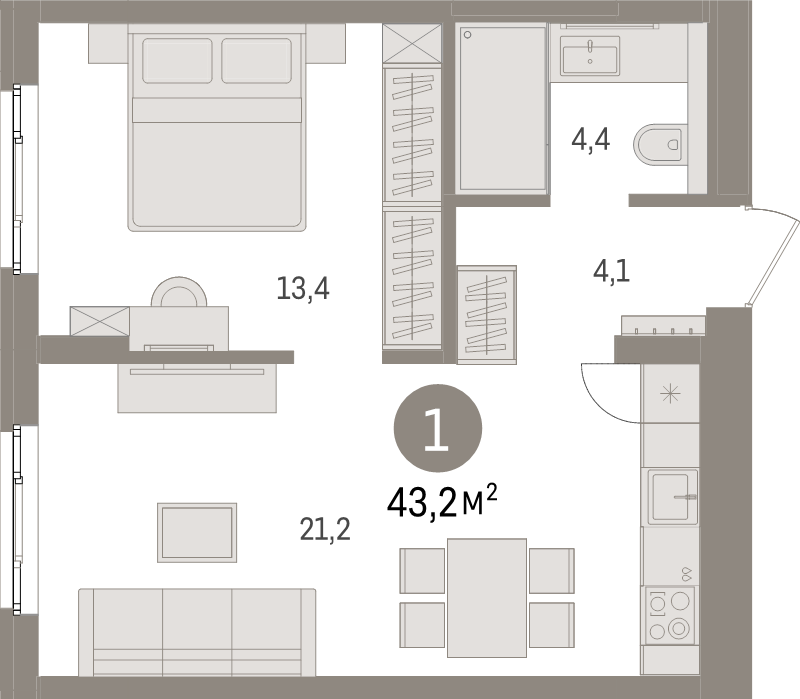 2 ккв (Евро) 43,2 м²