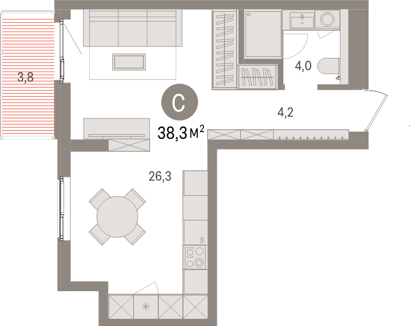 Студия 38,3 м²