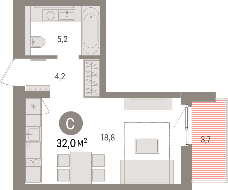 Студия 32 м²