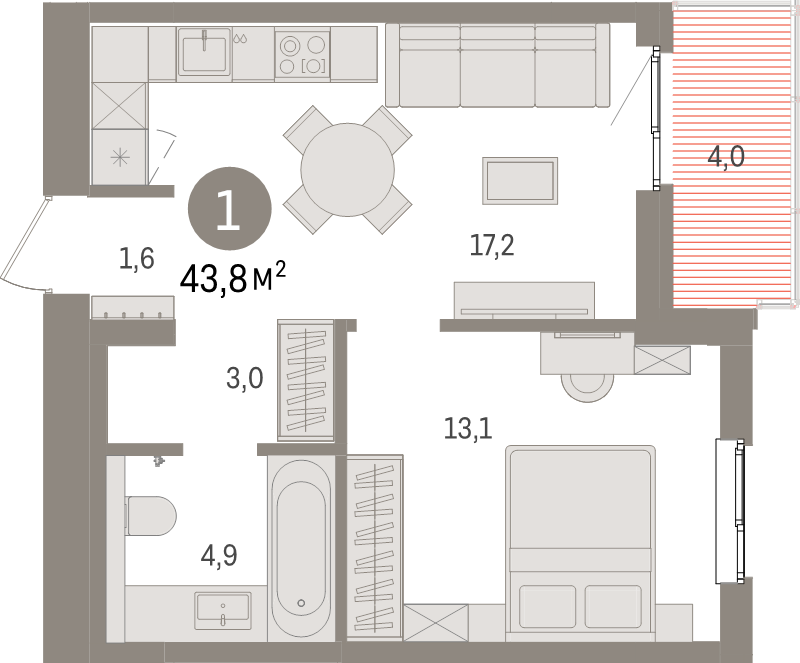 2 ккв (Евро) 43,8 м²