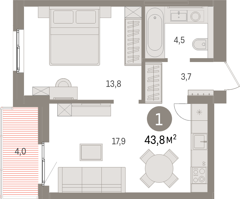 2 ккв (Евро) 43,8 м²