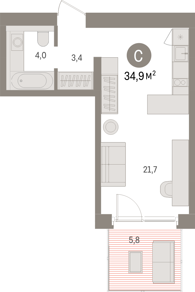 Студия 34,9 м²