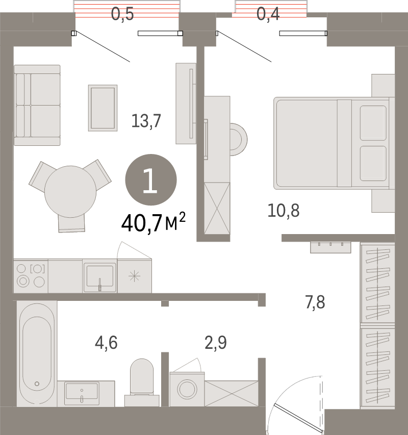 1 ккв 40,7 м²