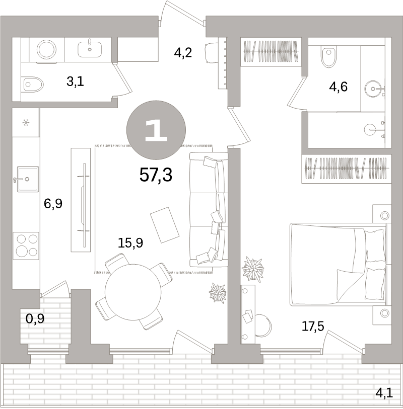 2 ккв (Евро) 57,3 м²