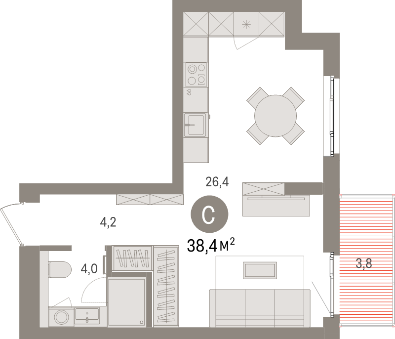 Студия 38,4 м²