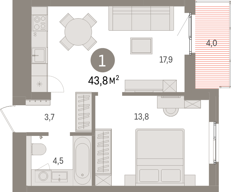 2 ккв (Евро) 43,8 м²