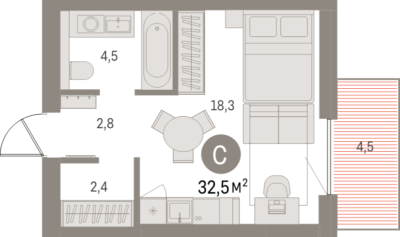 Студия 31,8 м²