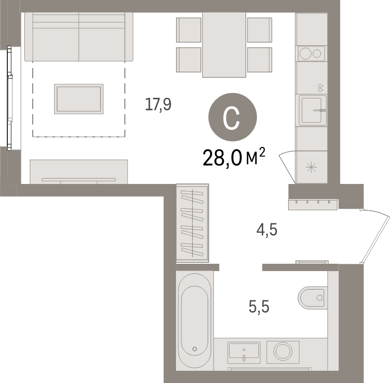 Студия 28 м²
