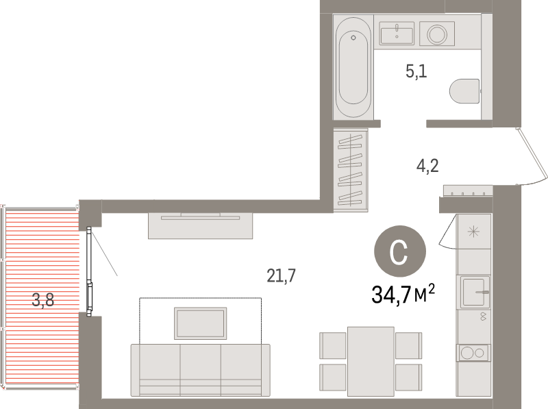 Студия 34,7 м²