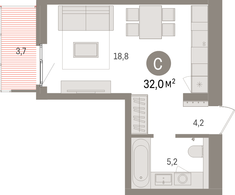 Студия 32 м²