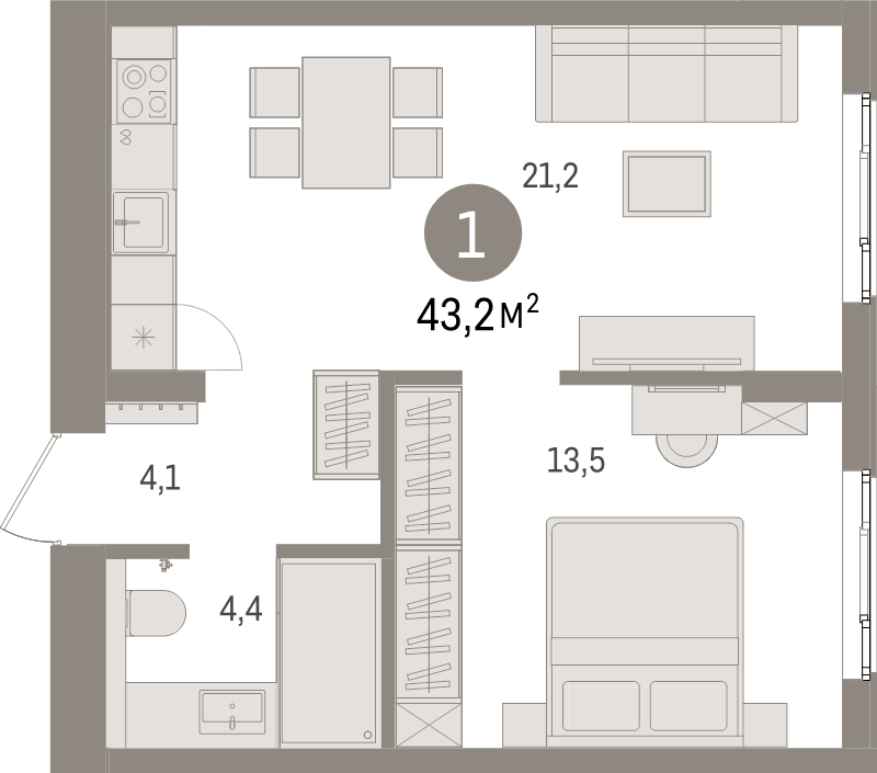 2 ккв (Евро) 43,2 м²
