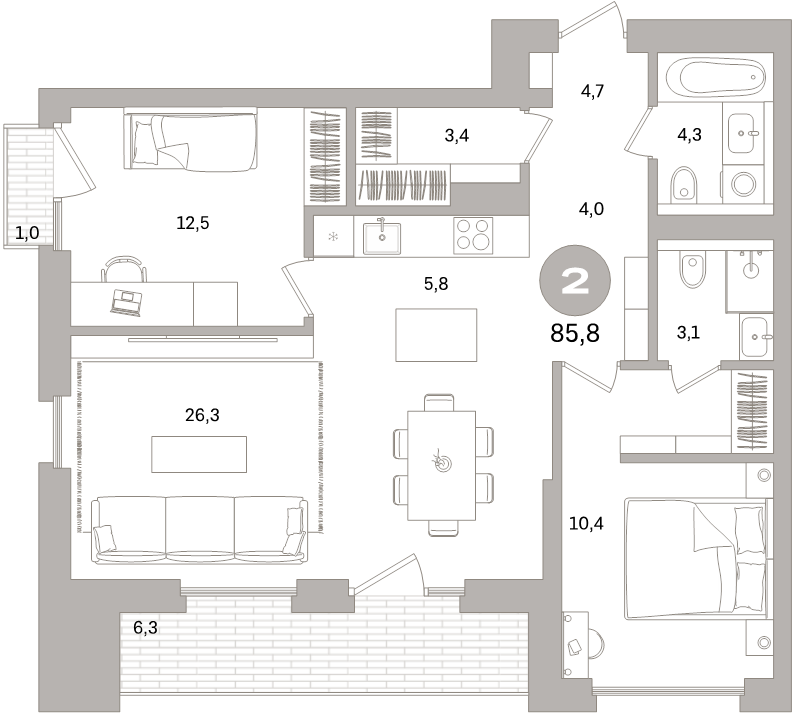 3 ккв (Евро) 85,8 м²
