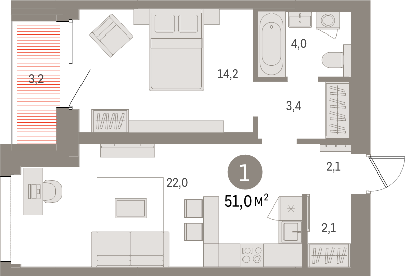 2 ккв (Евро) 51 м²