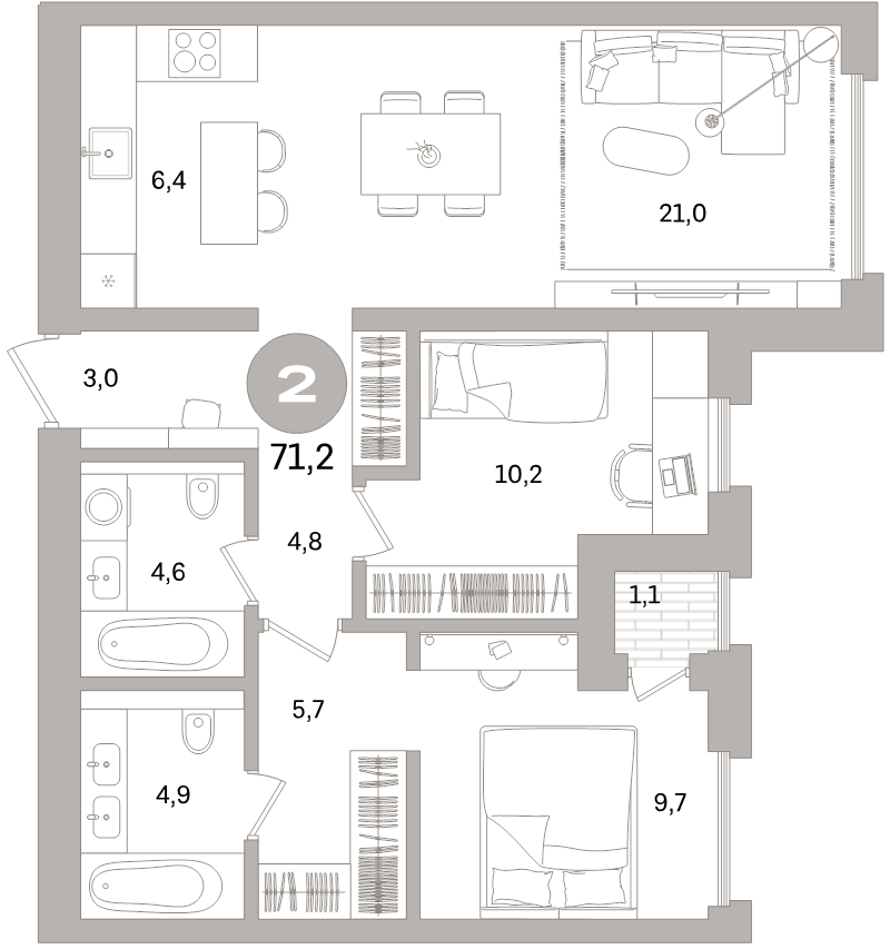 3 ккв (Евро) 71,2 м²