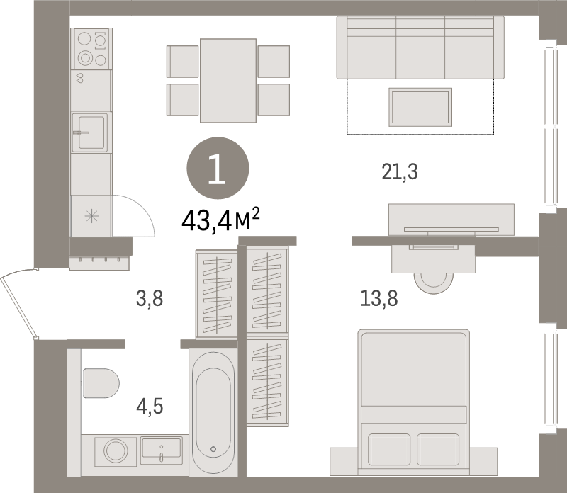 2 ккв (Евро) 43,4 м²