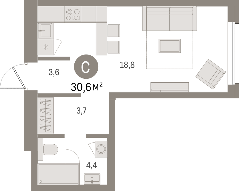 Студия 30,6 м²