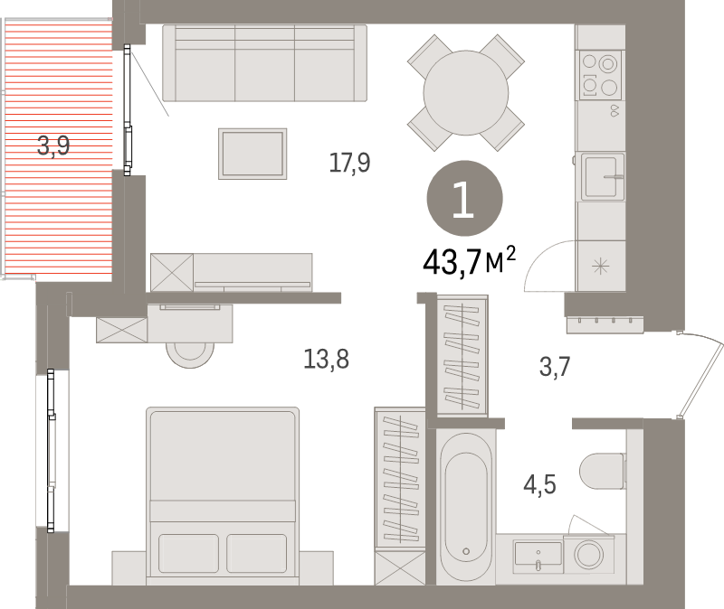 2 ккв (Евро) 43,7 м²