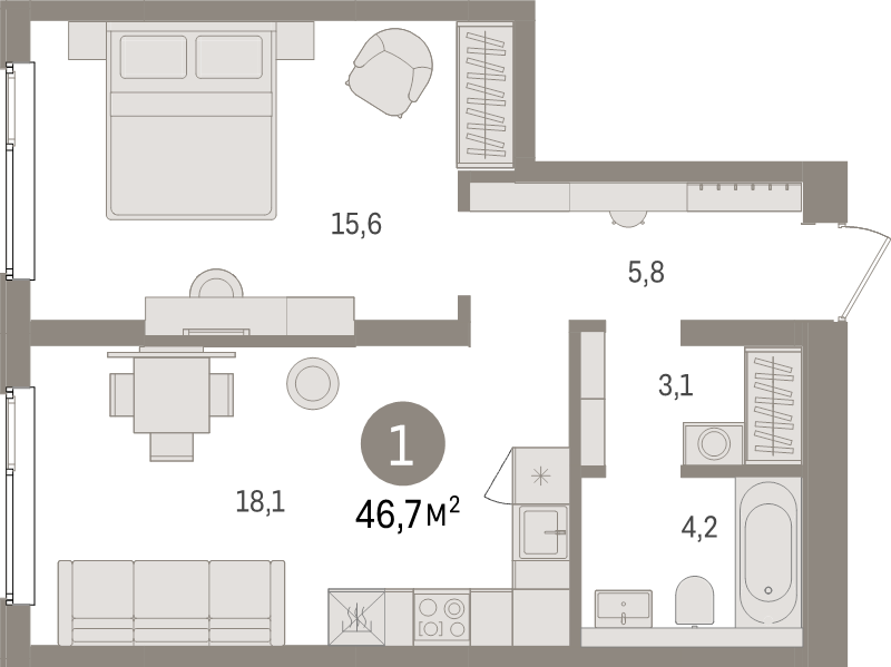 2 ккв (Евро) 46,7 м²