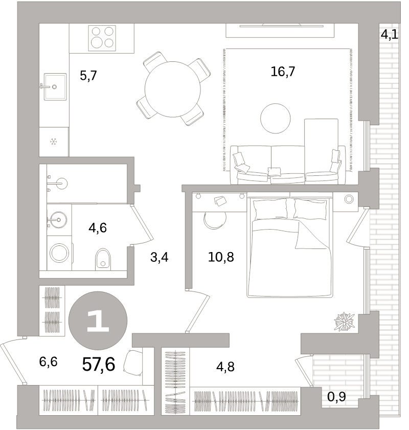 2 ккв (Евро) 57,6 м²