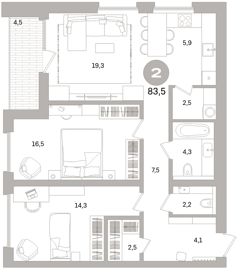 3 ккв (Евро) 83,5 м²