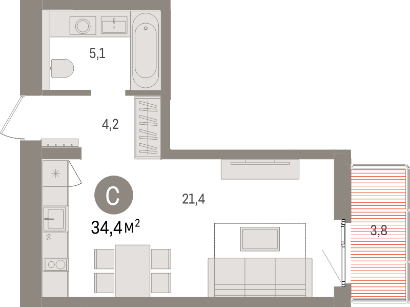 Студия 34,4 м²