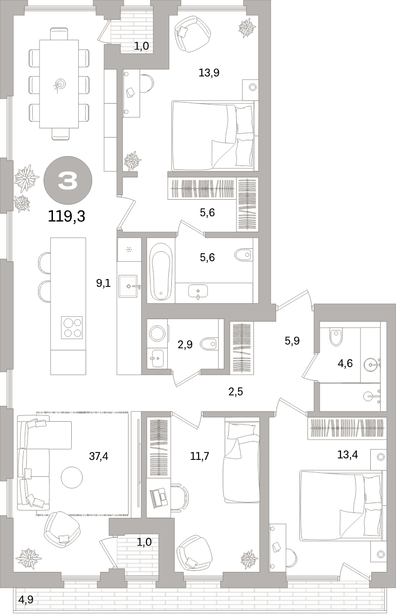 4 ккв (Евро) 119,3 м²