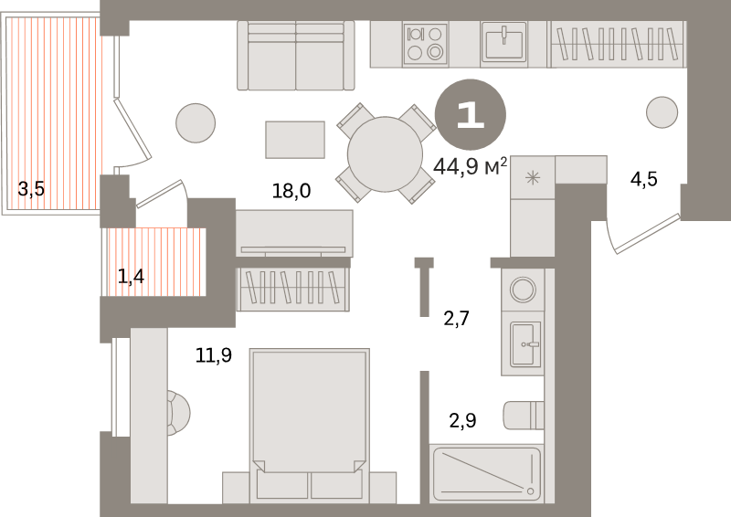 2 ккв (Евро) 44,6 м²