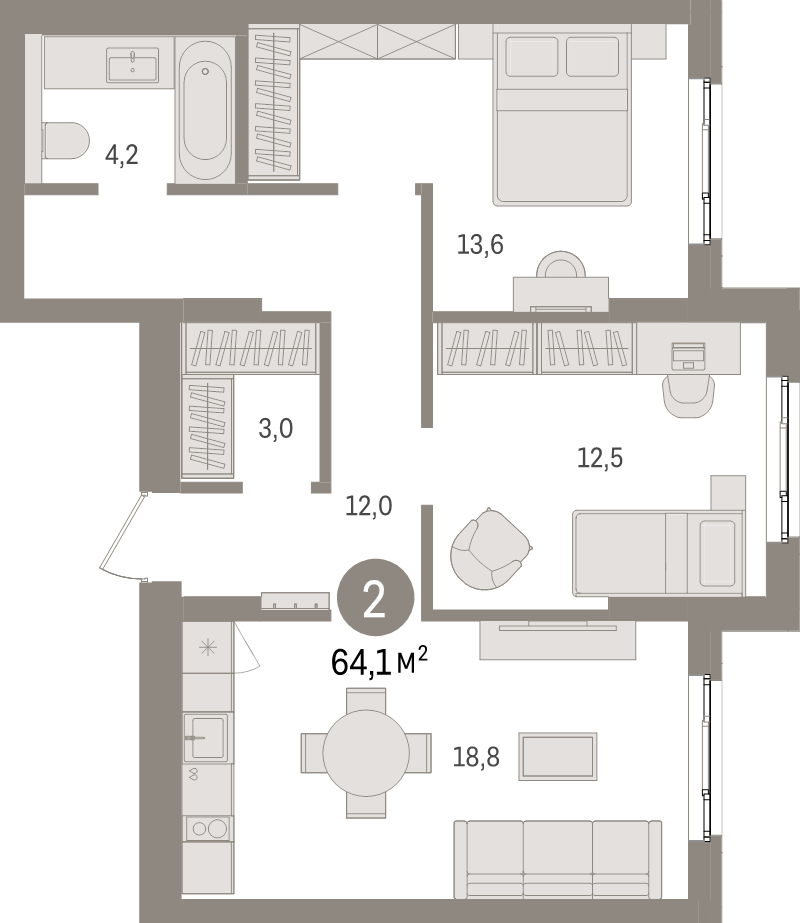 3 ккв (Евро) 64,1 м²