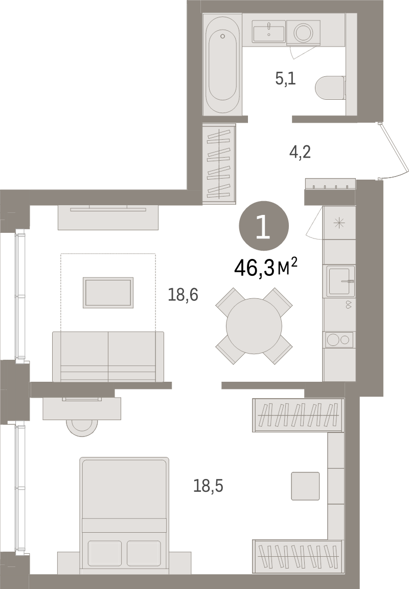 2 ккв (Евро) 46,3 м²