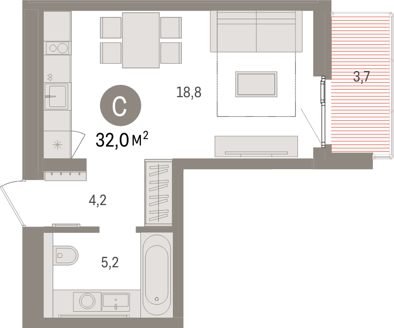 Студия 32 м²