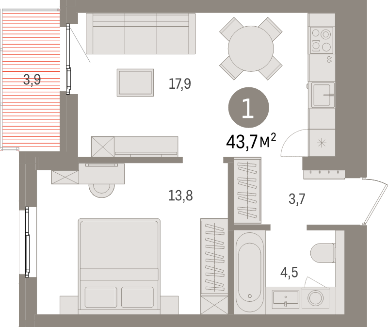 2 ккв (Евро) 43,7 м²