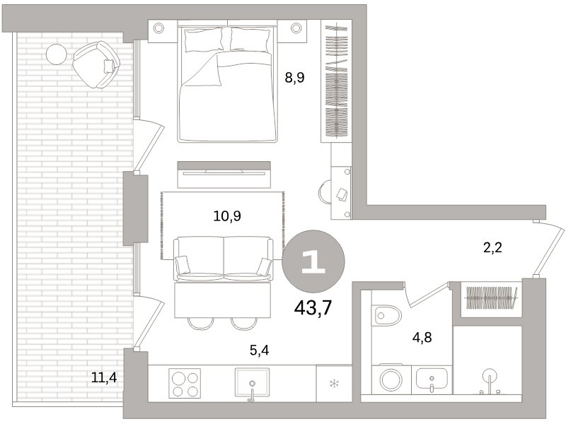2 ккв (Евро) 43,7 м²