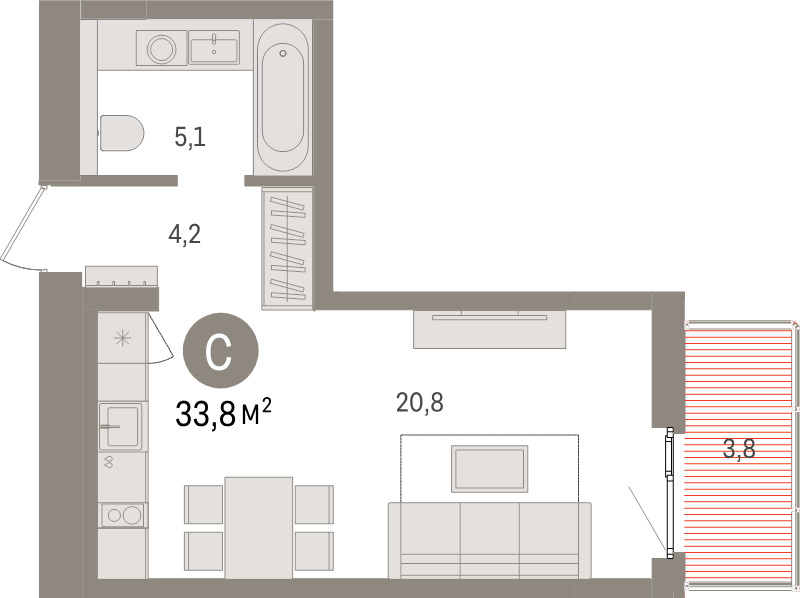 Студия 33,8 м²