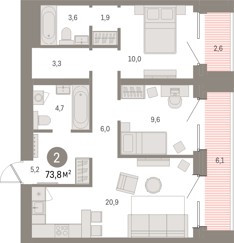 3 ккв (Евро) 73,8 м²