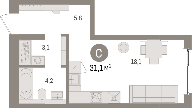 Студия 31,1 м²