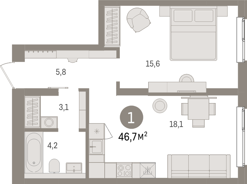 2 ккв (Евро) 46,7 м²